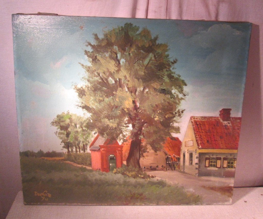 Belle œuvre peinte ancienne 'Ferme et arbres' - Delmote, Enlèvement ou Envoi