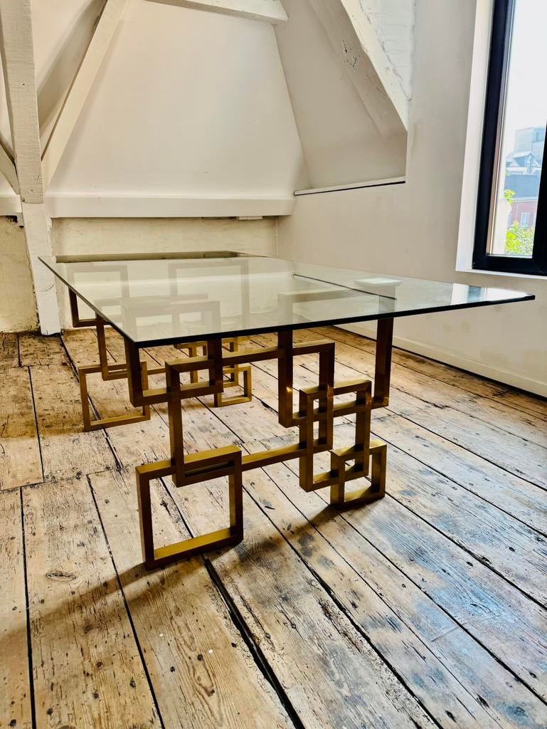 Statement tafel met glazen blad en geometrisch onderstel 2m, Enlèvement, Métal