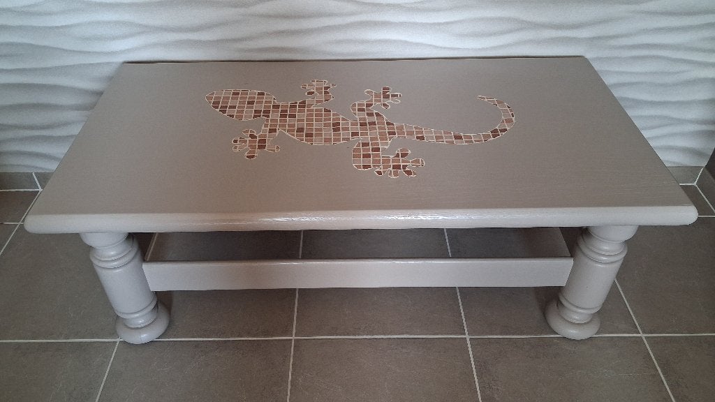Grijze salontafel met salamander mozaïek, Ophalen, 100 tot 150 cm, Eikenhout, 50 tot 100 cm