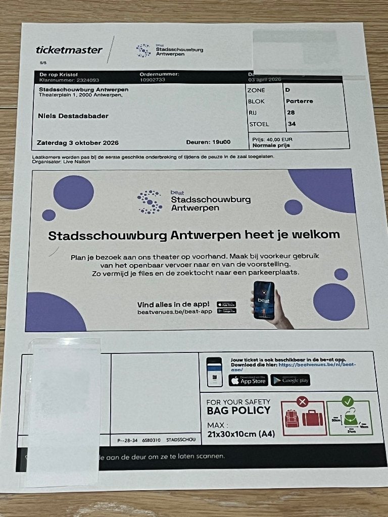 1 Ticket Niels Destadsbader, Tickets en Kaartjes, Eén persoon, Oktober