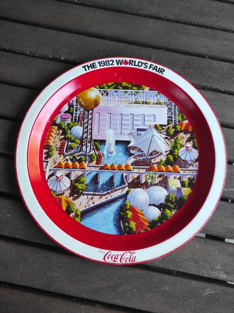 Coca cola opdienblad tray rond 1982 worlds fair plateau, Enlèvement, Utilisé, Ustensile