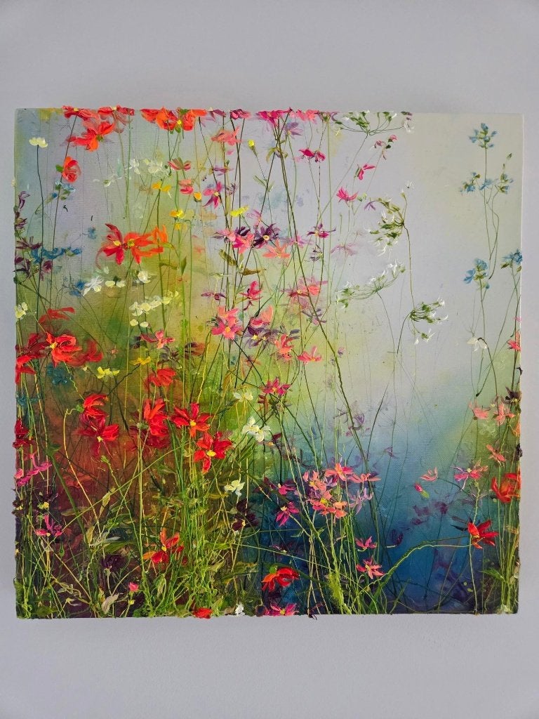 Origineel Bloemenschilderij Yulia Muravyeva - Dreamy-50x50cm, Antiquités & Art, Fleurs, Peinture acrylique, Prêt à accrocher, Autres matériaux