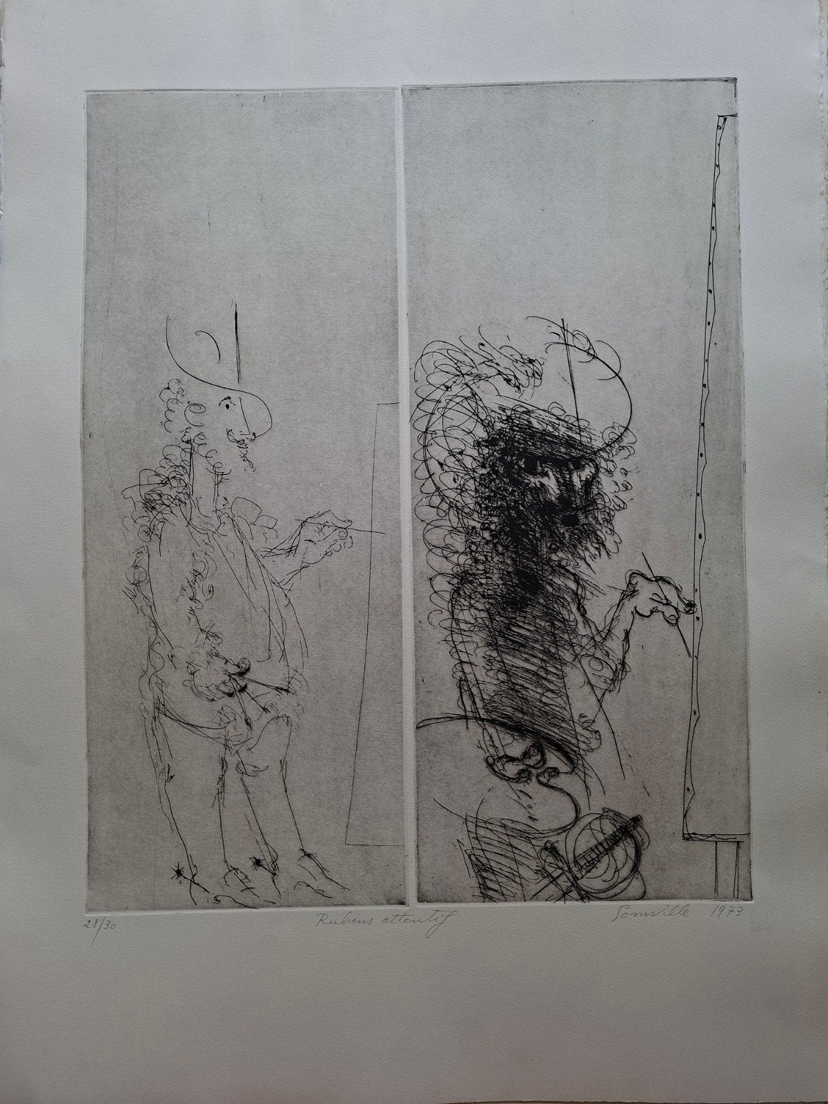 SOMVILLE Roger "Rubens attentif" 1973 2 etsen op 1 blad, Antiek en Kunst, Kunst | Etsen en Gravures, Ophalen of Verzenden, Genummerd