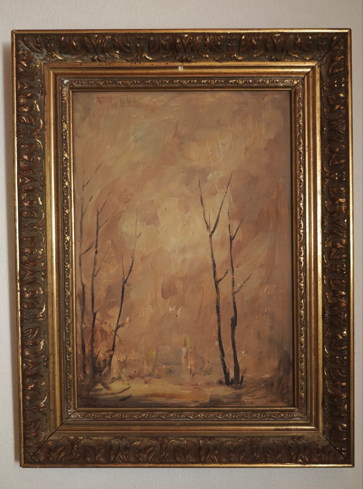 Paysage forestier atmosphérique dans un cadre doré (20e sièc, Enlèvement ou Envoi, Classique, Technique mixte, Papier