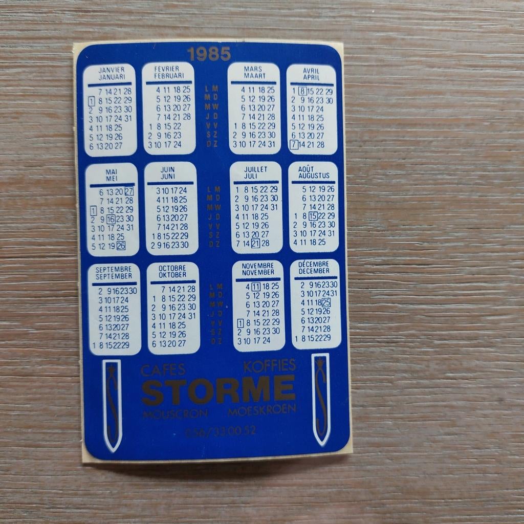 Oude sticker koffie Storme : kalender 1985, Enlèvement ou Envoi