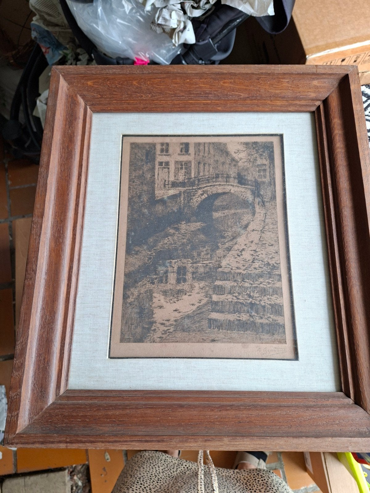 pentekening brug in Mechelen, Ophalen, 38 cm, 43 cm, Ingelijst werk