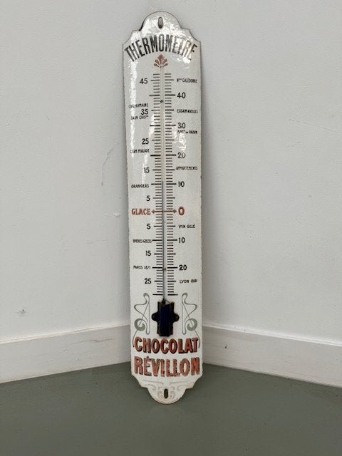 Chocolat Revillon Oude thermometer in emaille 1930, Ophalen, Gebruikt, Reclamebord