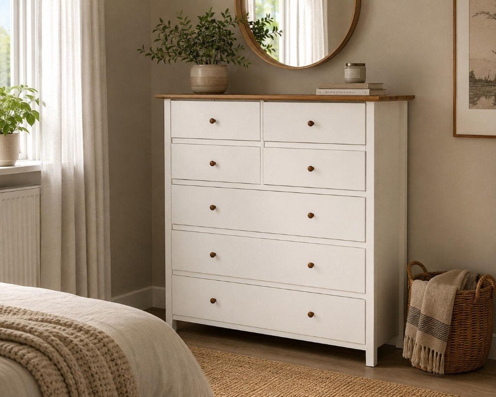 Scandinavian Sturdy Off White Heavy Wood 7 Drawers, Ophalen