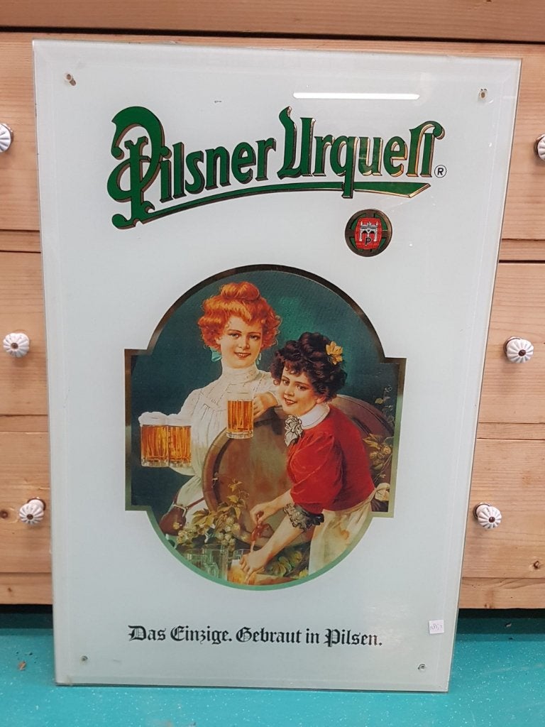 Bierreclame Pilsner Urquell op een facet geslepen glasplaat., Verzamelen, Ophalen, Gebruikt, Reclamebord