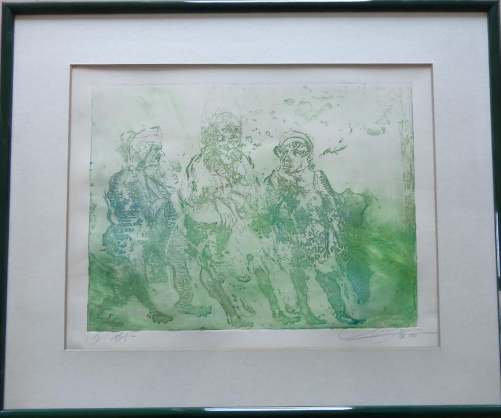 ROGER VAN BELLEGHEM / DRIE FIGUREN / KLEURETS 45x54cm KADER, Ophalen of Verzenden, Gesigneerd