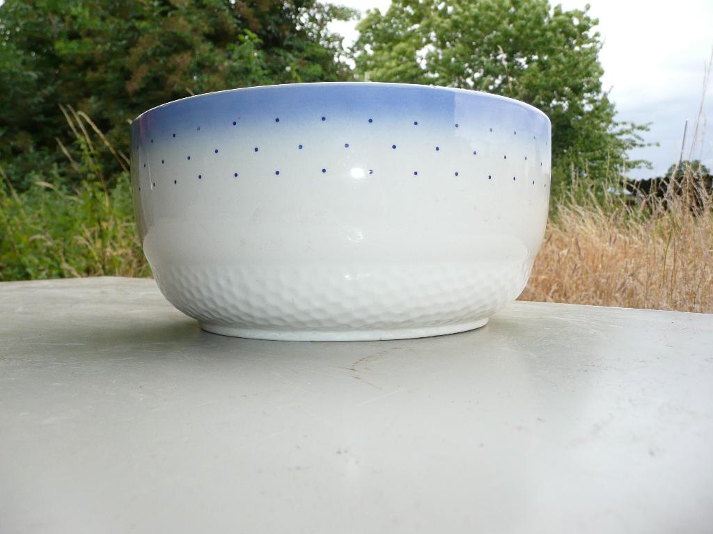 witte serveerkom met blauwe stippen en blauwe bovenrand, Keramiek, Ophalen of Verzenden, Zo goed als nieuw, Kom(men)
