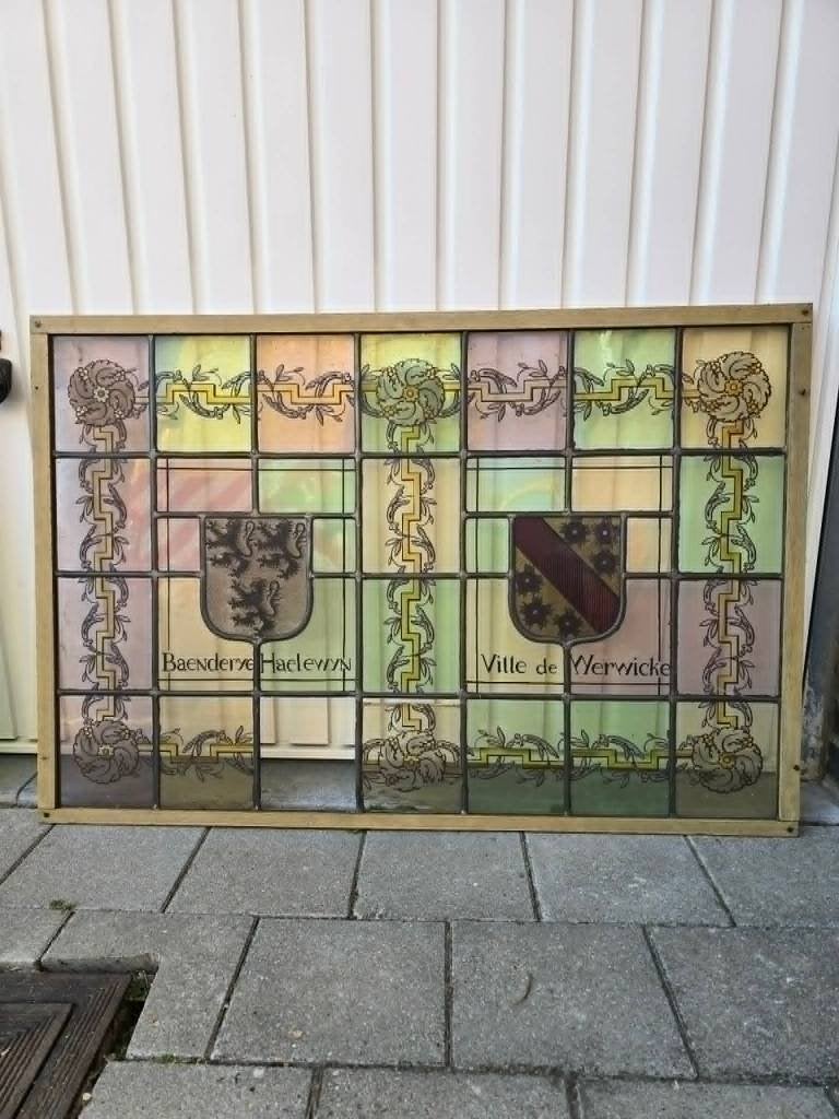 glas in lood raam met 2 wapenschilden restauratie, Antiquités & Art, Enlèvement