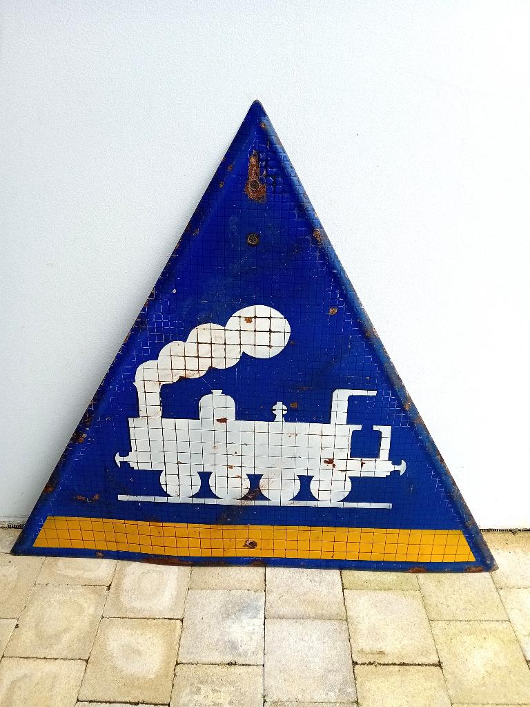 Uniek mozaïek emaille bord TREIN overweg, Ophalen