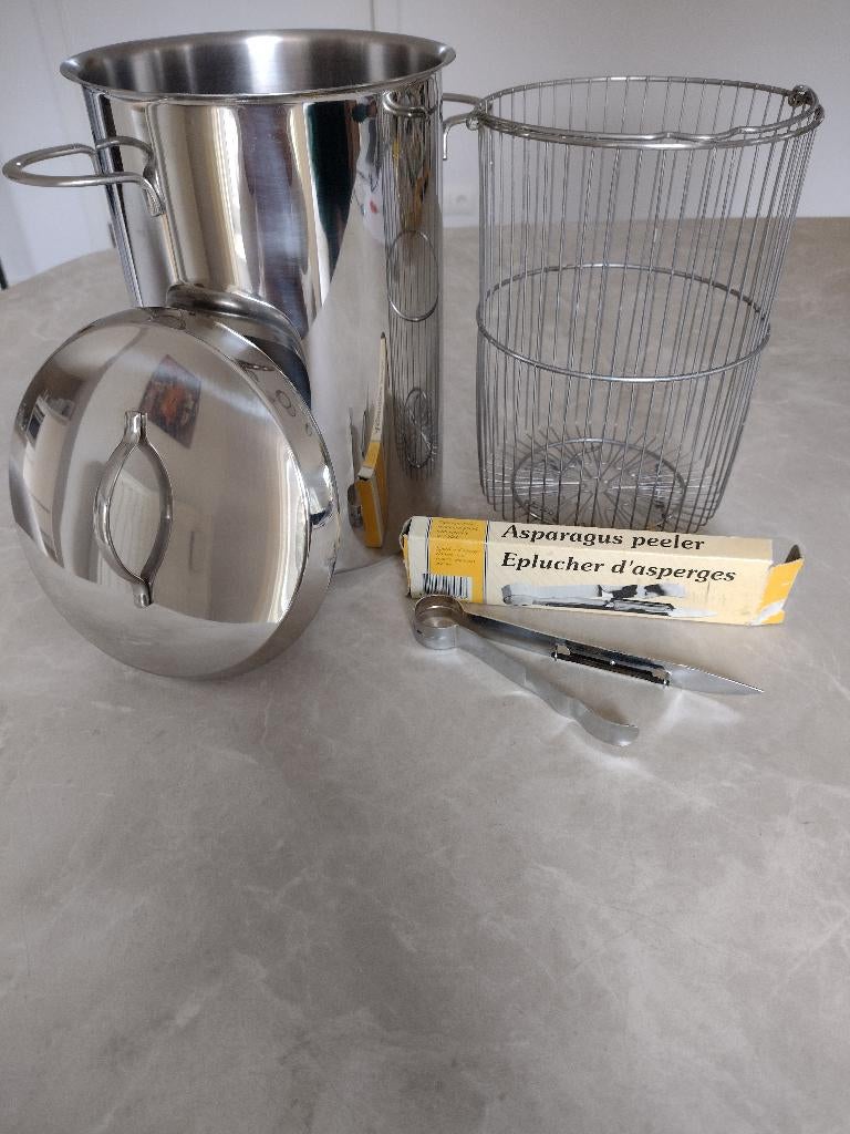 Casserolle et couteau pour asperges, Ophalen, Gebruikt, Inox, Pot, Bus of Blik
