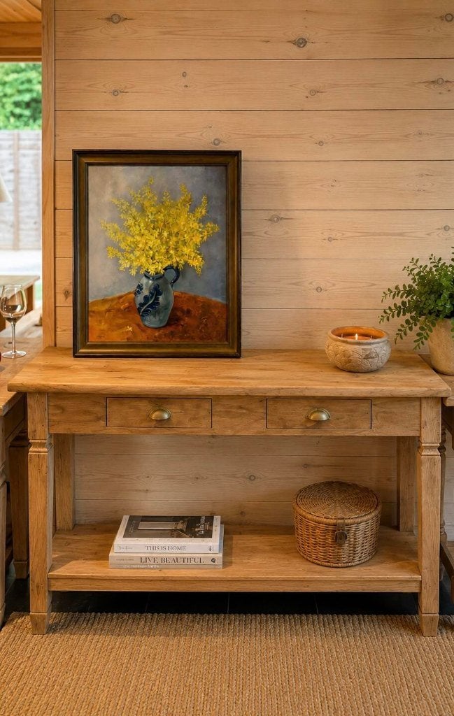mooie afgewerkte eiken muurtafel, Ophalen, Teakhout, Nieuw, Landelijk charmant