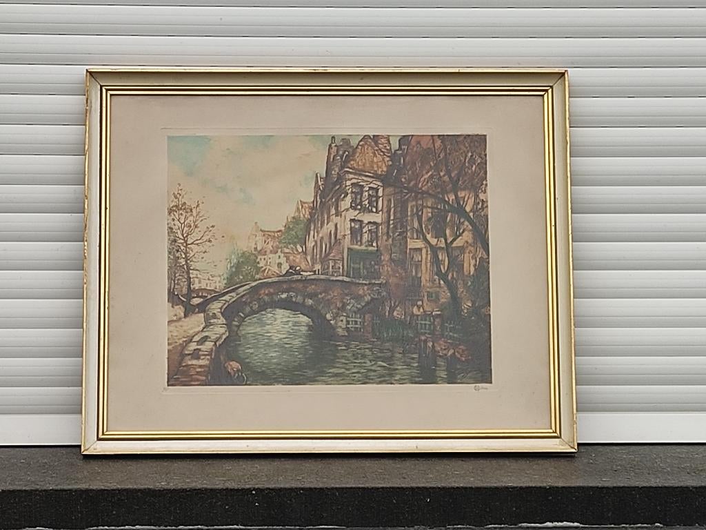 gravure bruges signe jef codron, Antiquités & Art, Enlèvement ou Envoi, Gravure