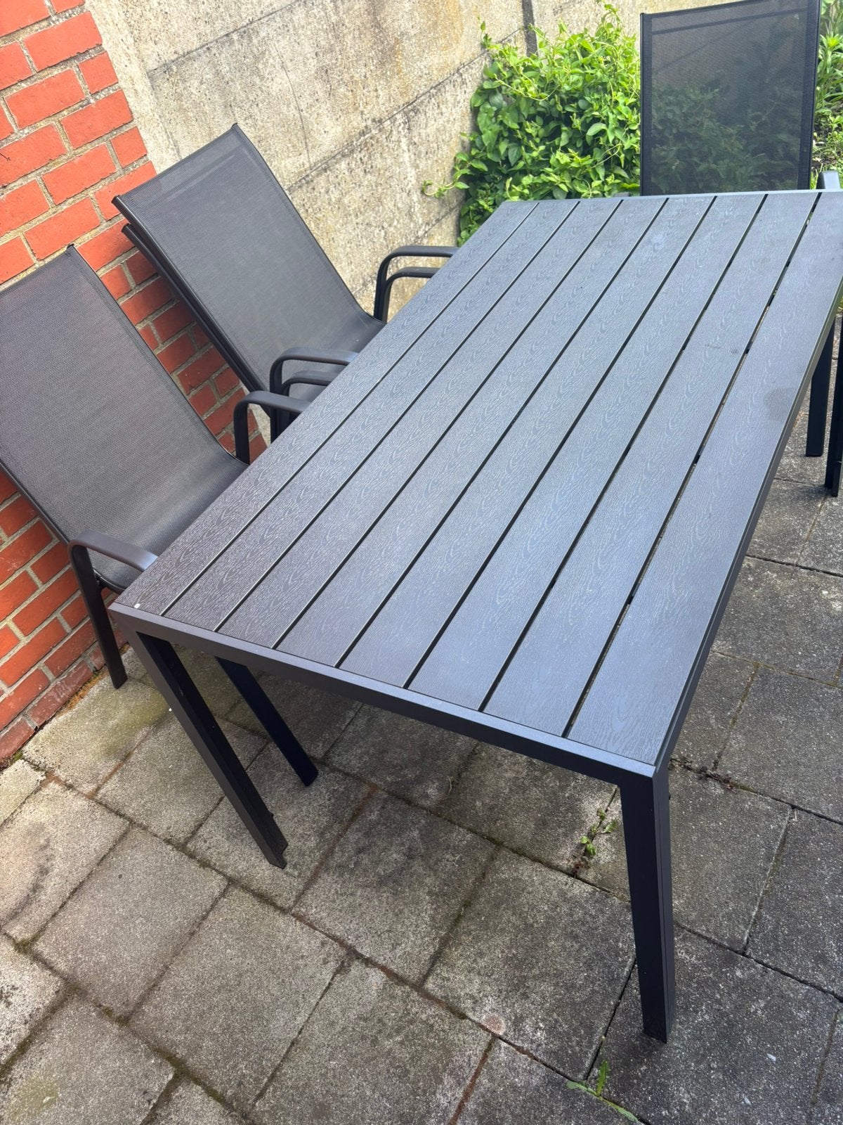 Tuintafel met 4 stoelen zwart, Enlèvement, Comme neuf, Rectangulaire, Bois