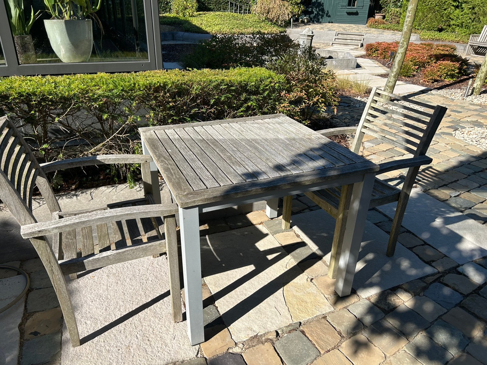 Tuinset tafel en 2 stoelen in teak, Gebruikt, Eettafel, Teakhout, Tuinset