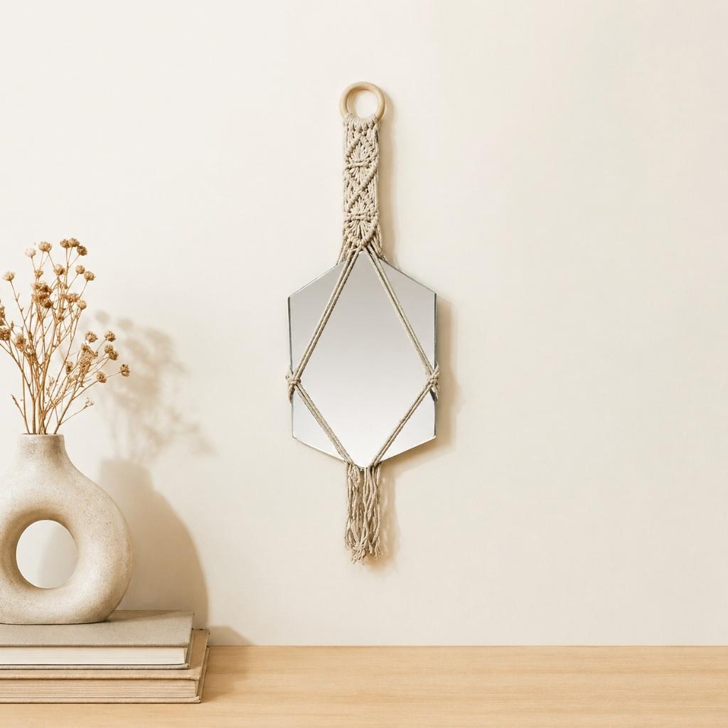 Miroir mural en macramé beige Chasna, Maison & Meubles, Accessoires pour la Maison | Miroirs, Neuf, Moins de 100 cm, Moins de 50 cm