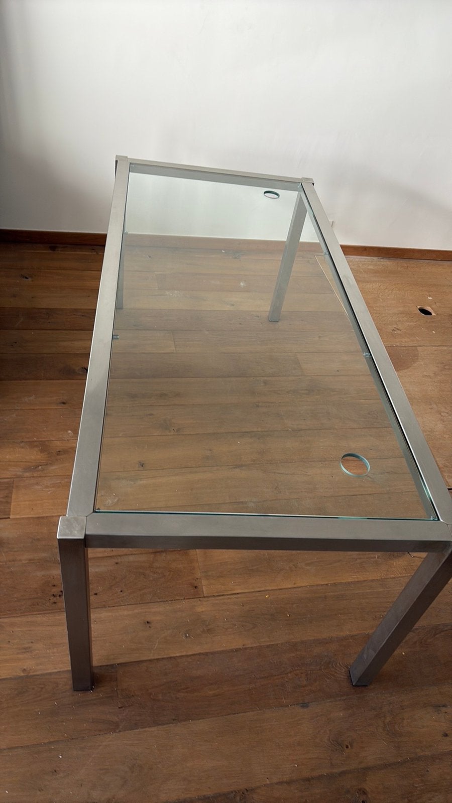 Tafel Bureau inox glazen blad 2 gaten, Ophalen, Zo goed als nieuw
