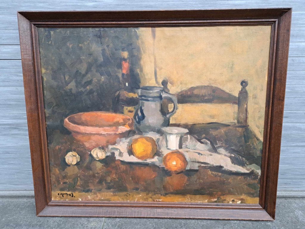 huile sur toile nature morte signe gustave camus, Antiquités & Art, Enlèvement ou Envoi