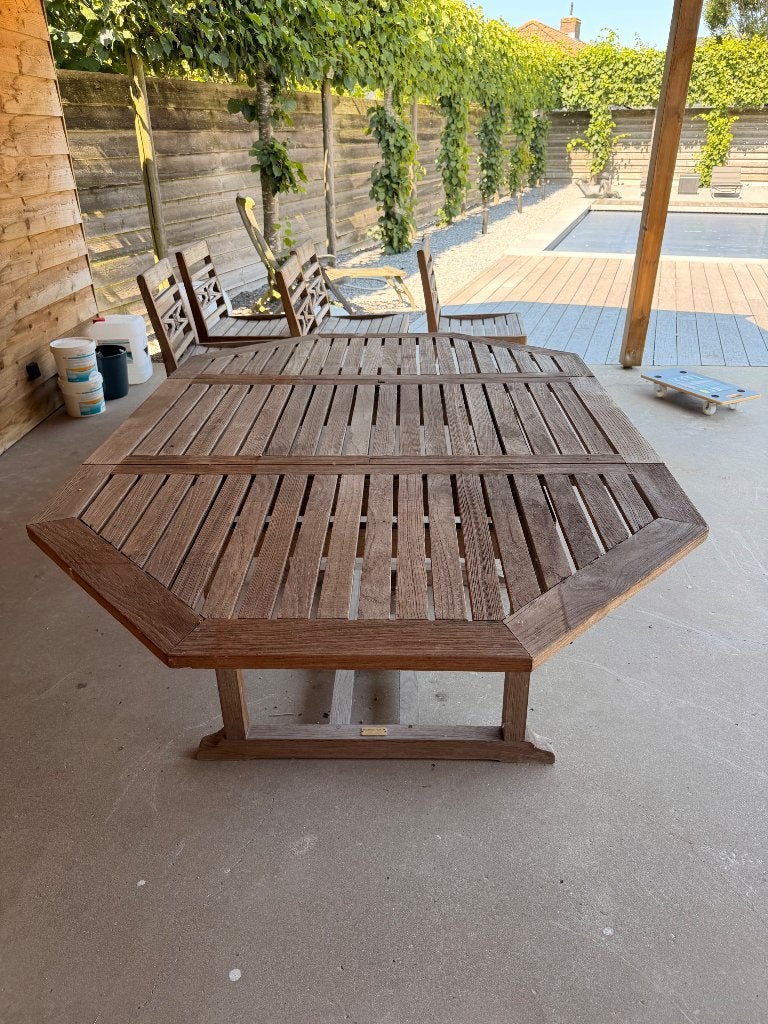 Teak Tuintafel met 5 stoelen, Ophalen, Gebruikt, Rechthoekig, Teakhout