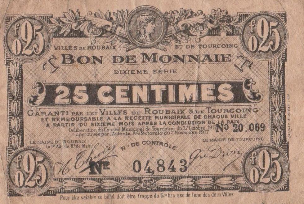 25 centimes «Bon de Monnaie » de Roubaix et Tourcoing (1917), Enlèvement ou Envoi, France, Billets en vrac