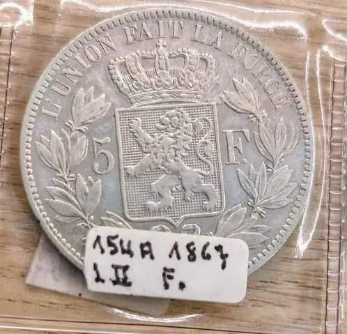 5 francs belge Léopold II  1867 154a avec point, Ophalen, Zilver, Losse munt, Zilver