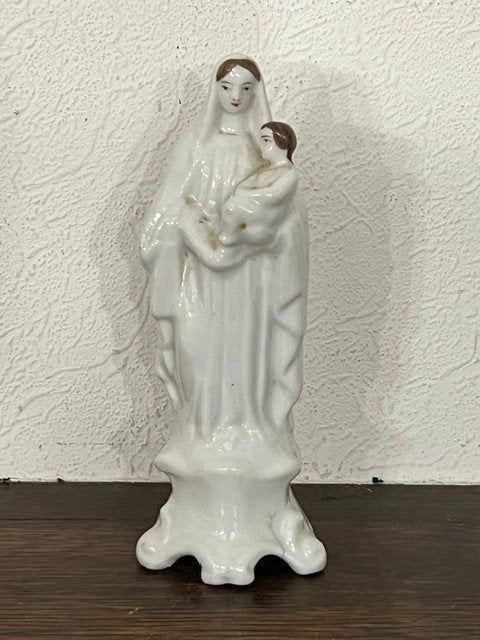 Antiek porseleinen beeldje Moeder Maria met kindje Jesus, Antiek en Kunst, Ophalen