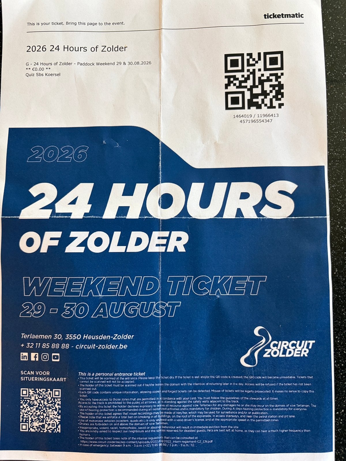 Ticket 24 uren van Zolder, Une personne, Plusieurs jours