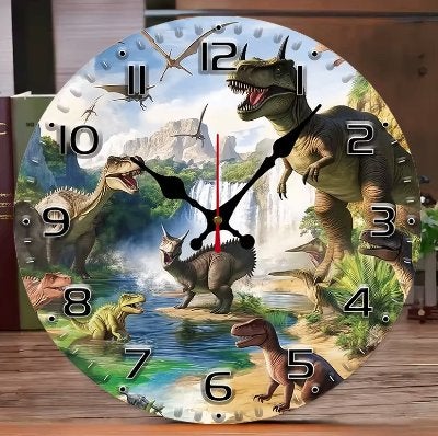 Ronde wandklok van hout Dinosaurus (25cm), Ophalen of Verzenden, Nieuw, Wandklok
