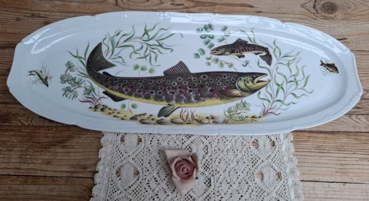 Zeer lange Franse porseleinen vintage visschaal, forel, Ophalen of Verzenden