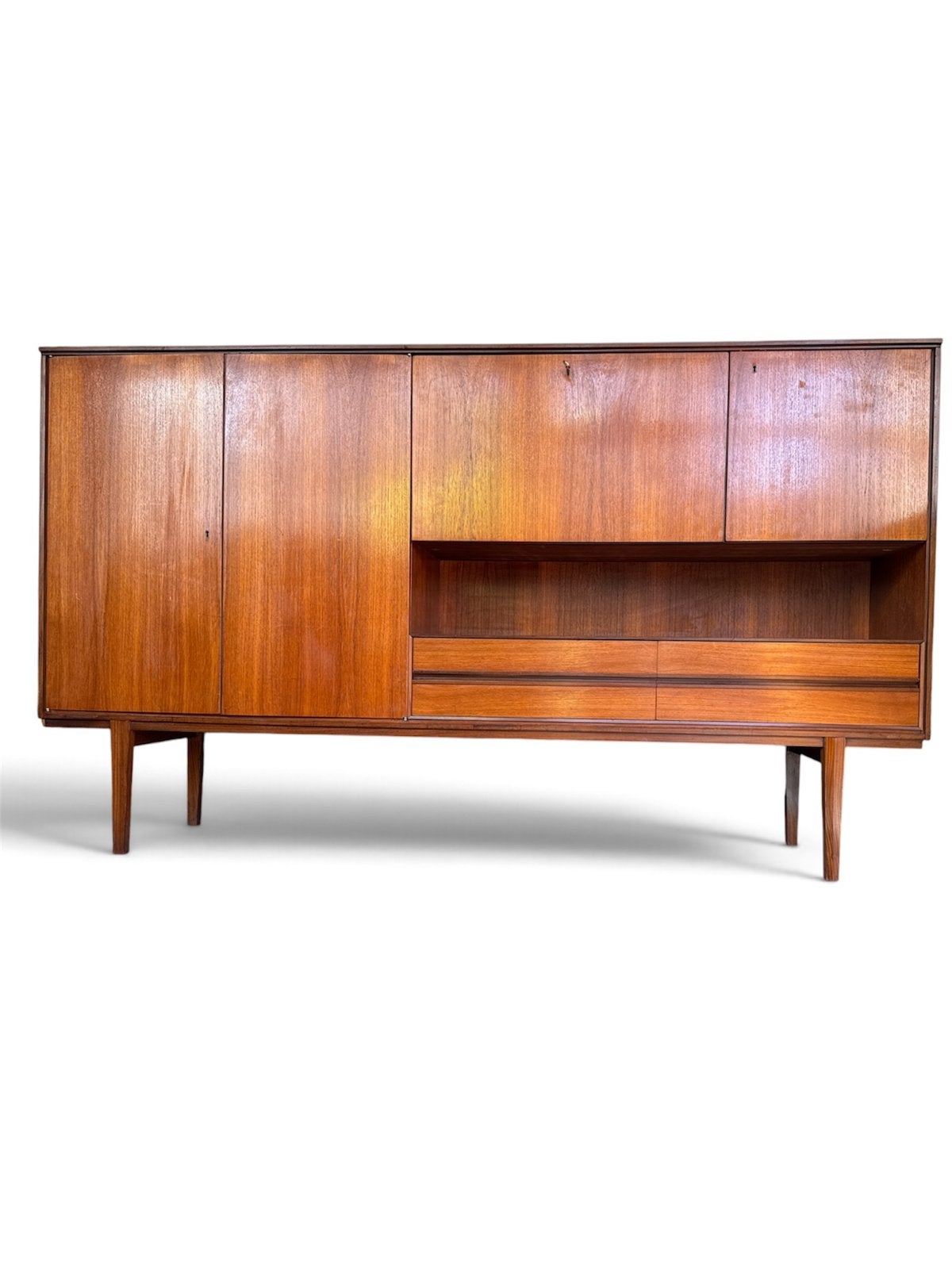 ⁠Deens Vintage Mid-Century Teak Highboard / Wandmeubel, Ophalen of Verzenden, Zo goed als nieuw, Teakhout