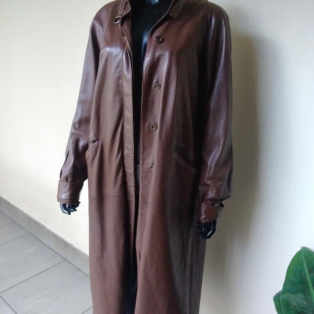 Prachtige vintage lange lederen damesjas made in Italy, Bruin, Verzenden, Maat 42/44 (L), Vintage lederen damesjas