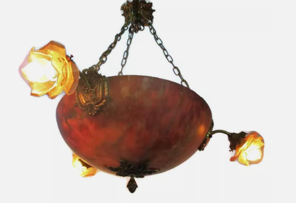 Art Nouveau Hanger Kroonluchter Albast Amber Bloem Shades 4, Ophalen of Verzenden