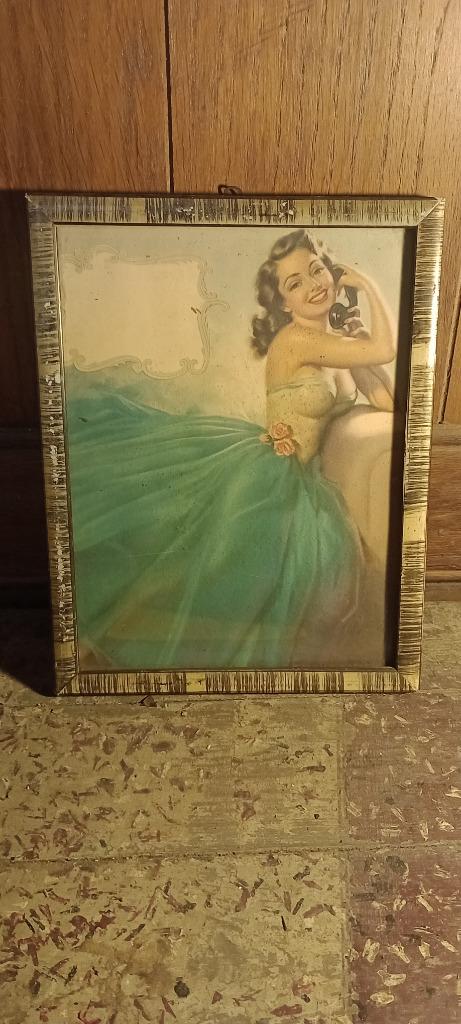 Vintage pin-up illustratie jaren 50,gouden lijst,20x26,n225, Antiek en Kunst, Kunst | Etsen en Gravures, Gravure, Ophalen of Verzenden