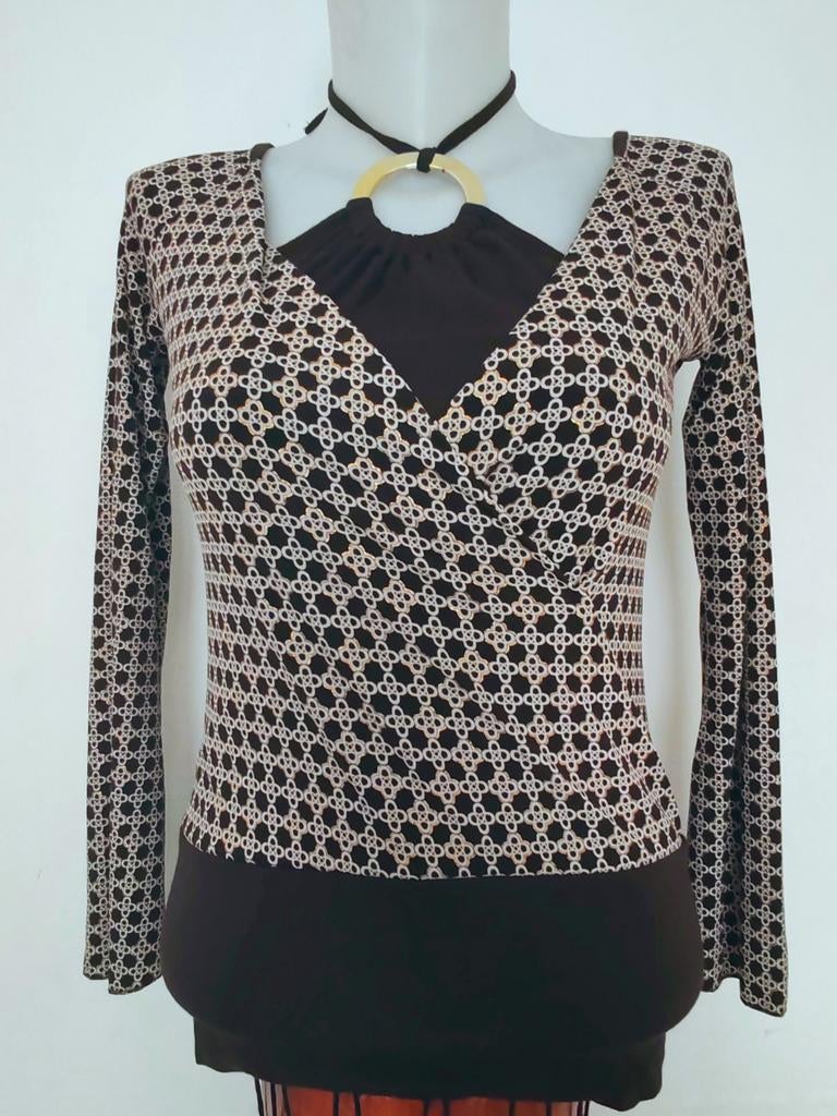 Top Y2K Marron et Doré à Motifs Géométriques Style 2000 S/M, Enlèvement ou Envoi, Blanc, Manches longues