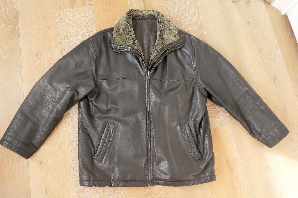Veste en Cuir Brun Homme Col fausse fourrure amovible XL, Enlèvement, Porté, Brun