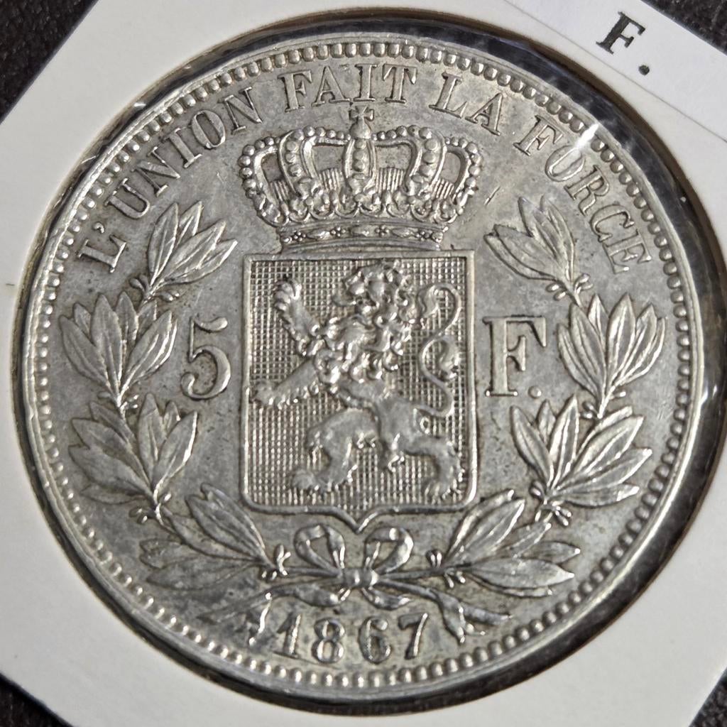 Zilver 5 Fr B Leop II 1867 F. !!!, Ophalen of Verzenden, Zilver, Zilver