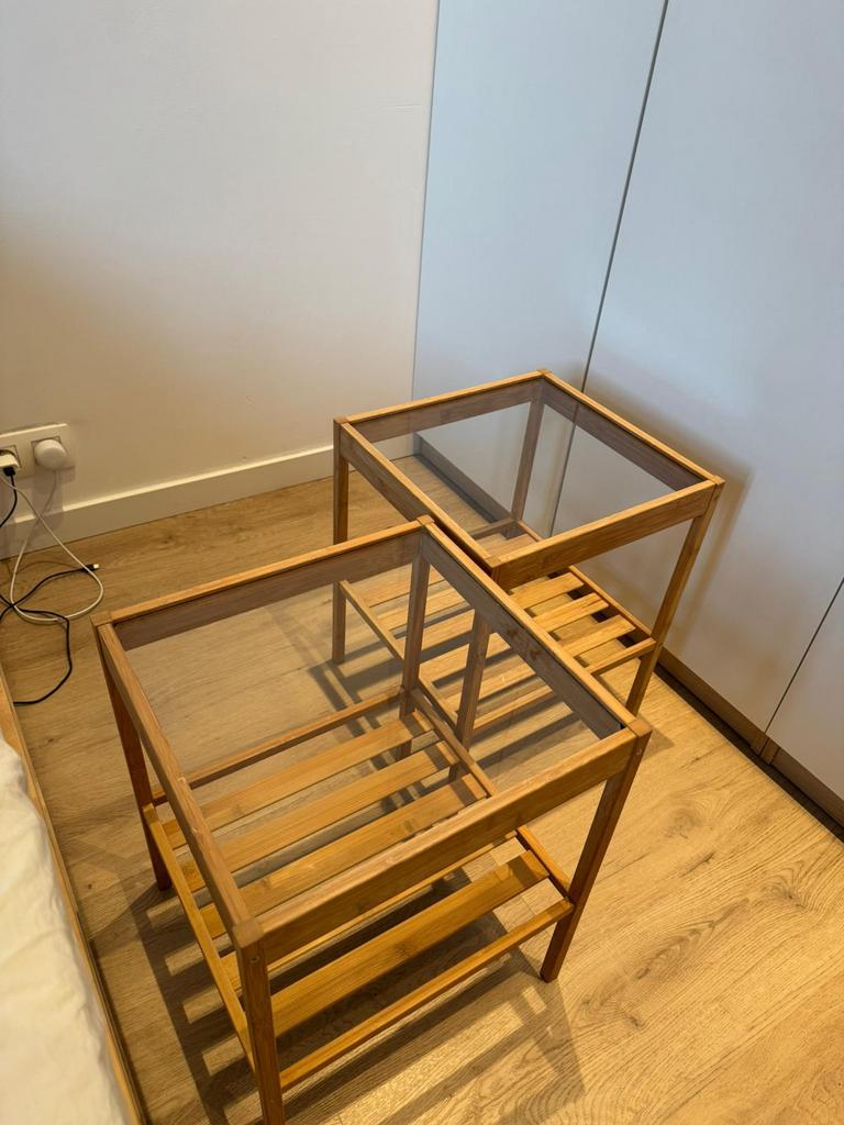 2 of 1 bijzettafeltje(s)/nachtkastje(s) houtglas (€15/tafel), Enlèvement, Utilisé, Verre
