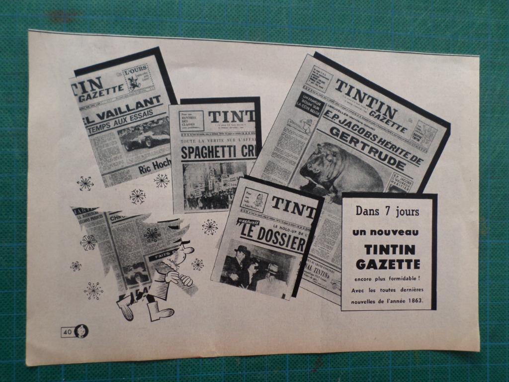 Tintin - publicité papier Tintin gazette - 1963, Collections, Enlèvement ou Envoi, Tintin, Utilisé, Autres types