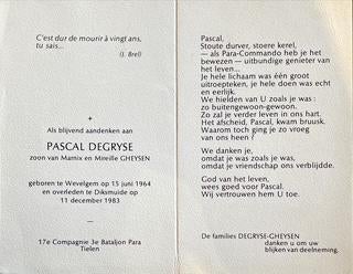 Te koop: bidprentje Pascal DEGRYSE, Ophalen of Verzenden, Bidprentje