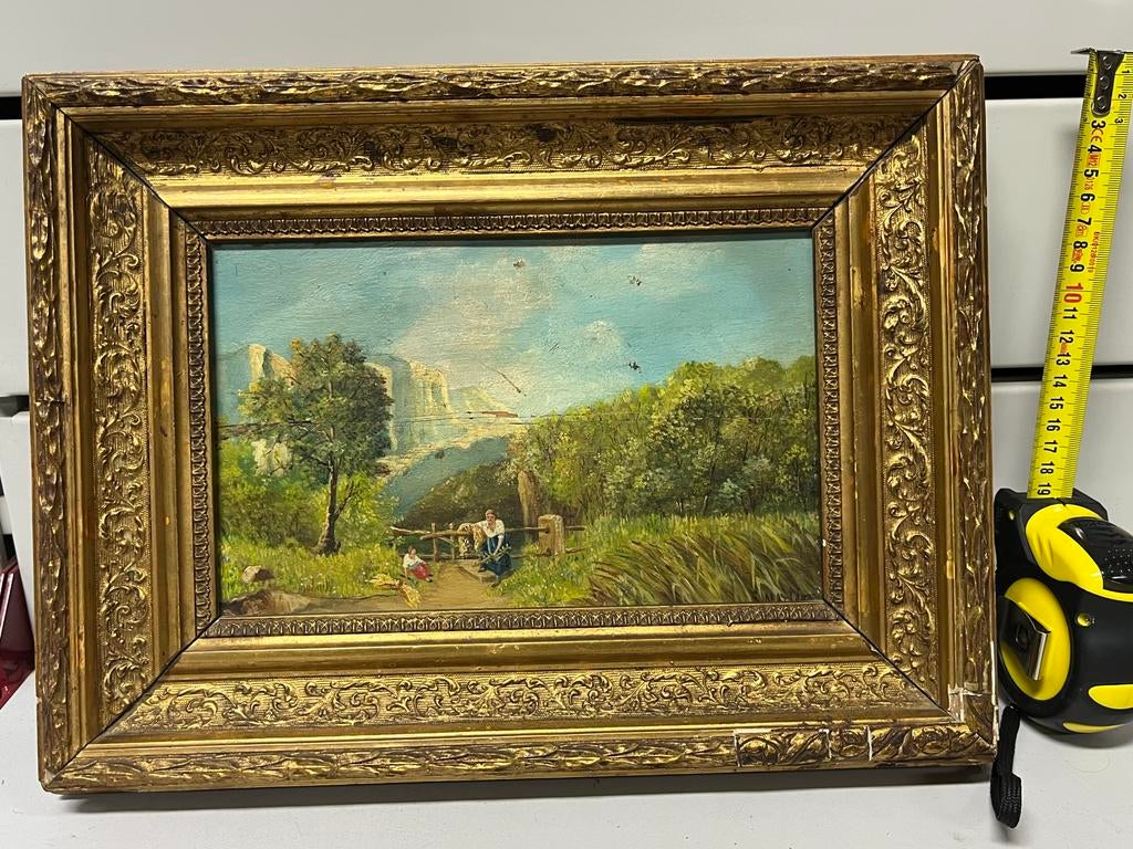 Tableau ancien paysage romantique – Huile XIXe – Cadre doré, Enlèvement