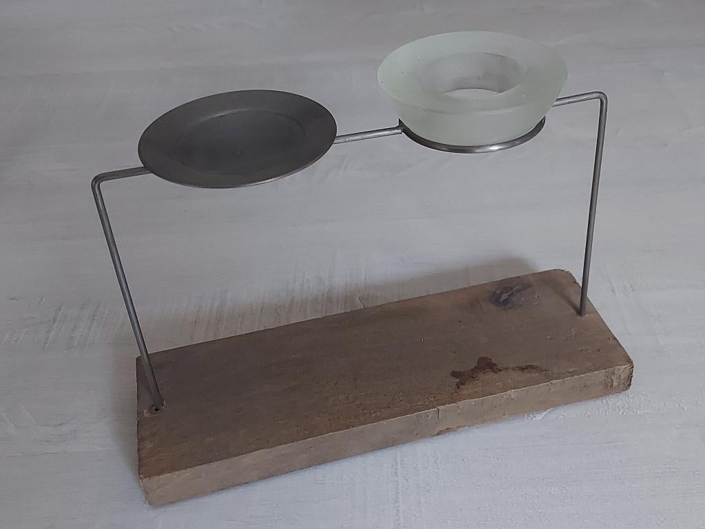 Bougeoir pour 2 bougies en bois, verre et métal, Enlèvement, Utilisé, Bois