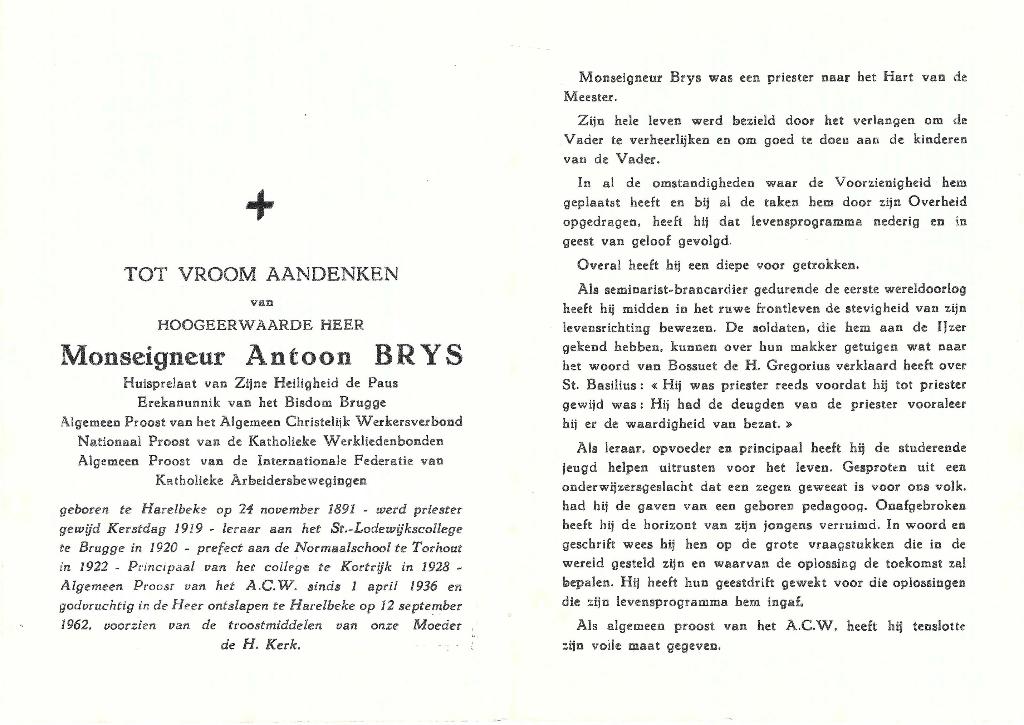 Aandenken Mgr. Antoon Brys, Verzamelen, Verzenden, Bidprentje