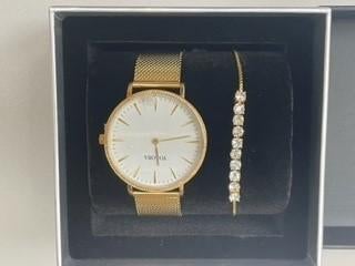 Juwelen set horloge armband goudkl./strass doos cadeau NIEUW, Ophalen, Nieuw, Met strass