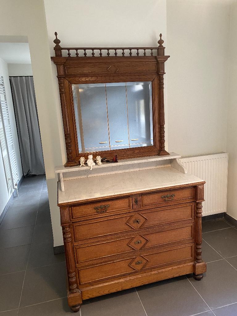 brocante commode met marmeren blad en spiegel, Antiquités & Art, Curiosités & Brocante, Enlèvement