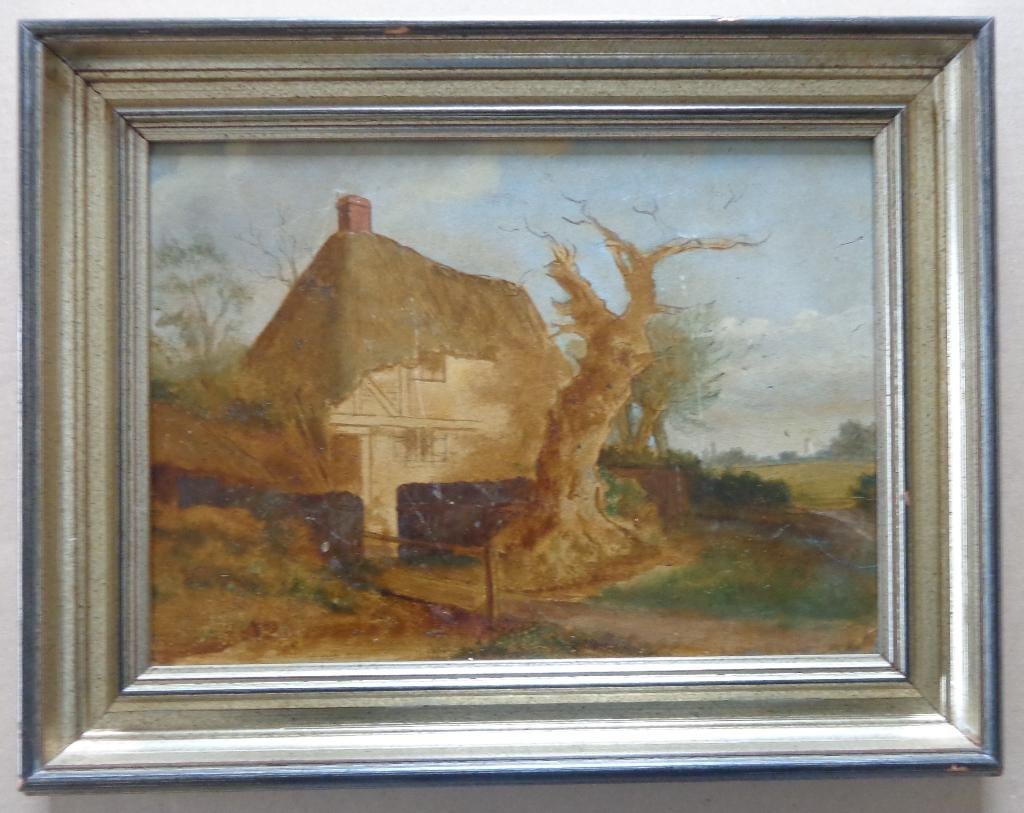 BELGISCHE SCHOOL / HOEVE BIJ BOOM / OLIEVERF / 33x41cm KADER, Antiek en Kunst, Ophalen of Verzenden