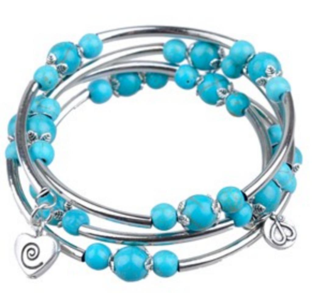 Bracelet portefeuille avec pierre naturelle turquoise, Neuf, Avec bracelets à breloques ou perles, Acier, Bleu