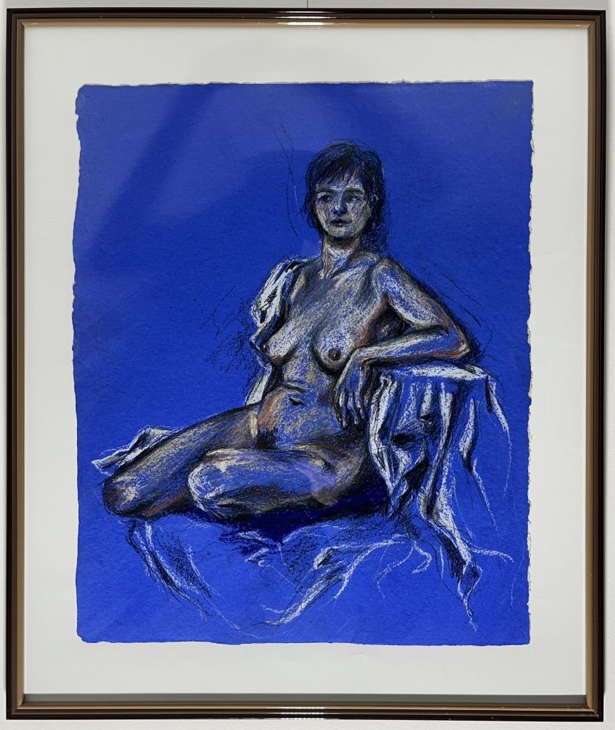 Pastelkrijt tekening op blauwe achtergrond, Ophalen of Verzenden